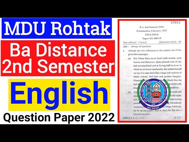 Mdu Ba Distance English 2nd semester Question Paper 2022 | Mdu DDE Ba English 2nd semester Paper