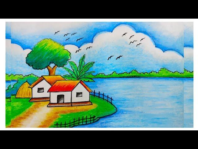 Easy Scenery Drawing| Simple Landscape Drawing| River Side Scenery Drawing| Village Scenery Drawing