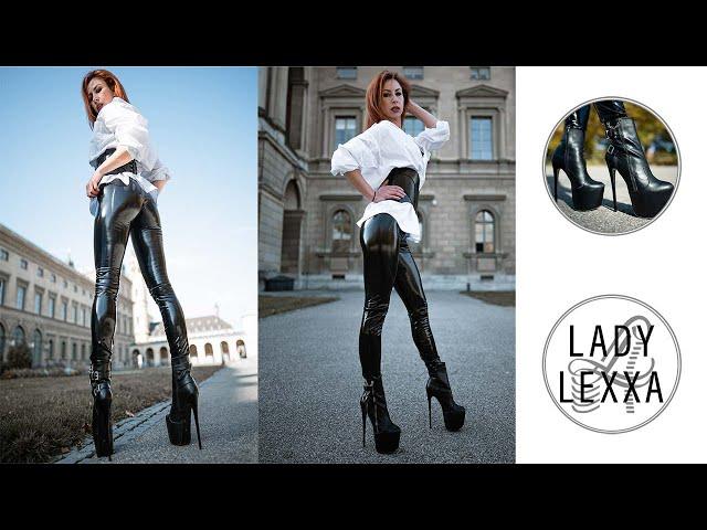 WALKING IN WETLOOK LEGGINGS AND LEATHER HIGH HEELS BOOTS