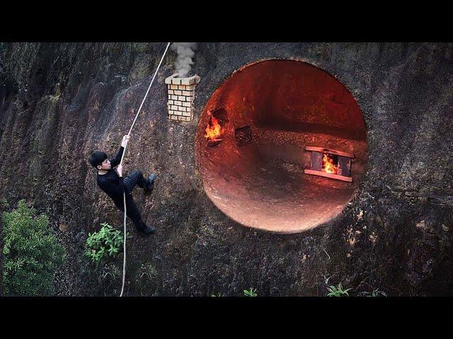 Building Secret Bushcraft Shelter For Survival On A Cliff With A Warm Bed System, Survival Skills