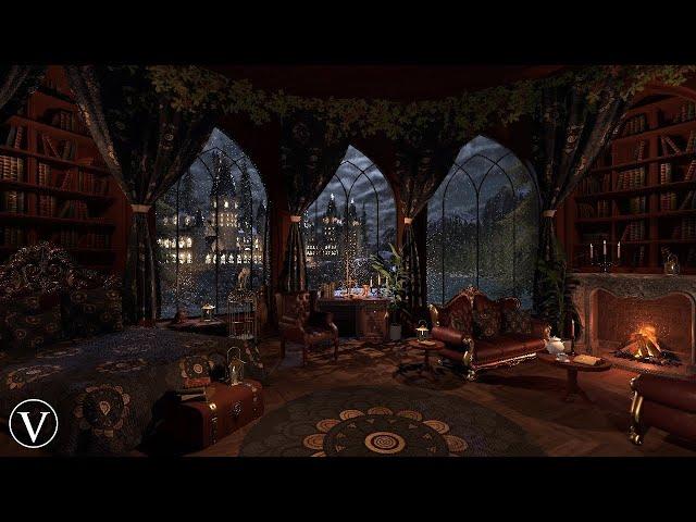 Stormy Hogwarts Library & Study | Night Ambience | Cozy Fireplace, Rain & Thunder Sounds