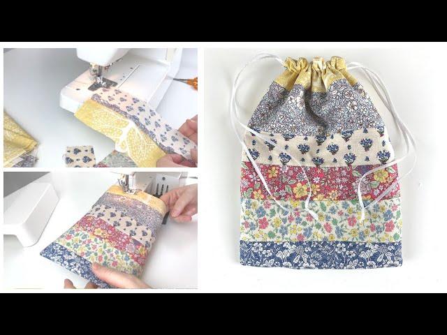 Scrap fabric sewing project. Use your scrap pieces to sew a drawstring bag. Easy sewing project