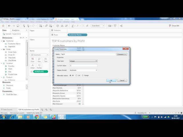 Tableau : Top N customer by profit  using Parameter