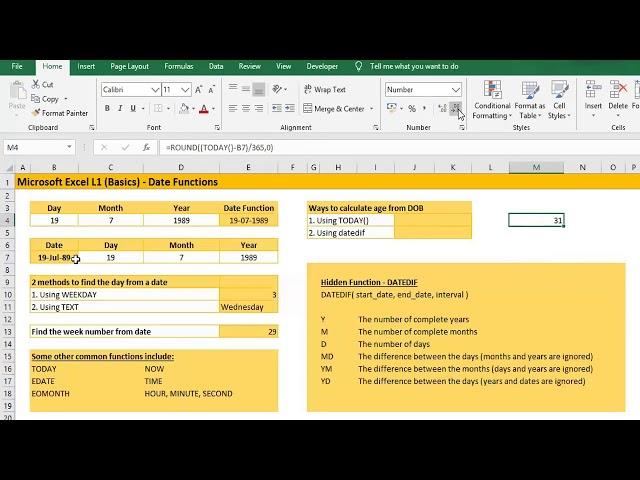 How to calculate age from DOB (Date of Birth) using Microsoft Excel