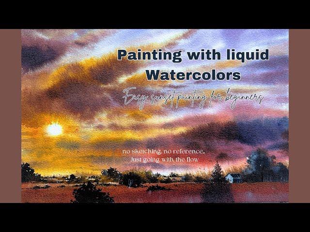 Paint an easy sunset landscape with Liquid Watercolors | No sketching | Watercolor for beginners