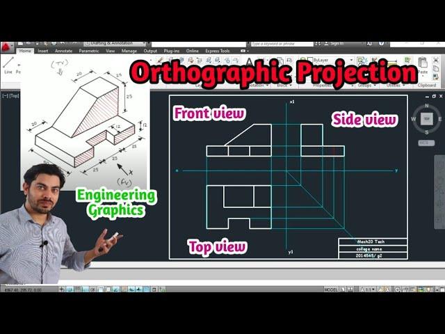 Orthographic projection in autocad Engineering Graphics | Engineering drawing in AutoCAD Mech20 Tech