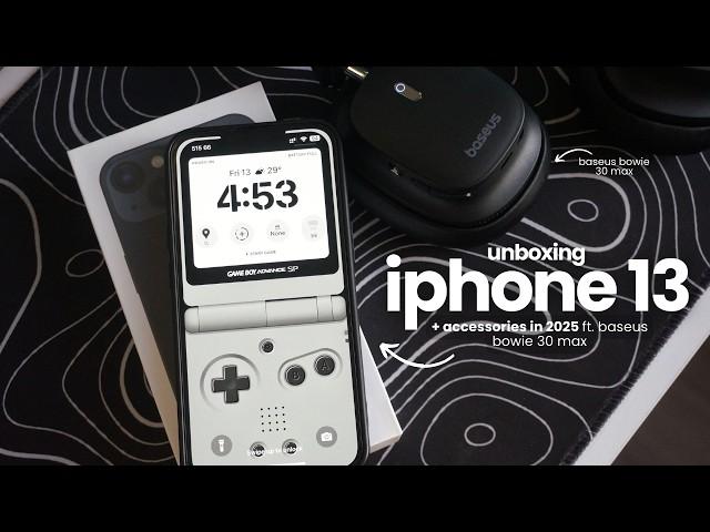 iphone 13 midnight unboxing 2025 (256gb)  + accessories ft. baseus headphones 