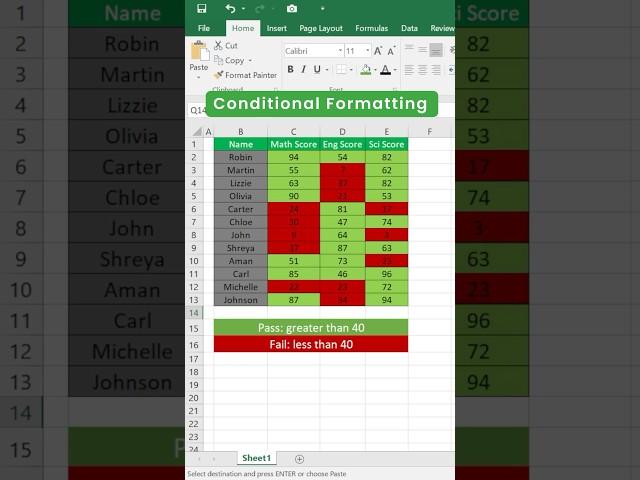 Conditional Formatting in Excel | Highlight Marks Pass/Fail #shorts #excel