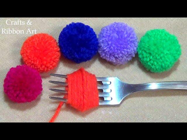 Super Easy Pom Pom Making Ideas with Fork - Hand Embroidery Amazing Trick- Easy Woolen Flower Making