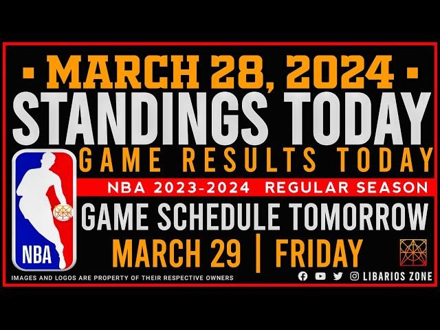 NBA STANDINGS TODAY as of MARCH 28, 2024 |  GAME RESULTS TODAY | GAMES TOMORROW | MAR. 29 | FRIDAY