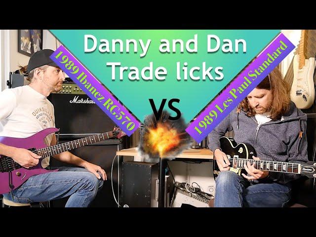 Danny and Dan trade licks with a 1989 Ibanez RG vs 1989 Gibson Les Paul - Call and Response in Em/Bm