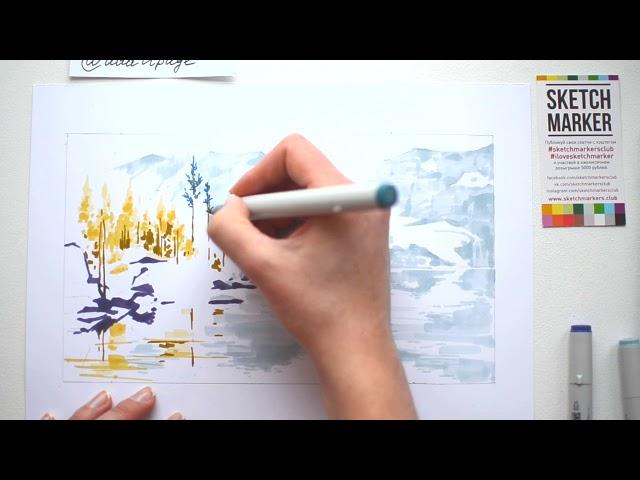 Пейзаж спиртовыми маркерами SKETCHMARKER