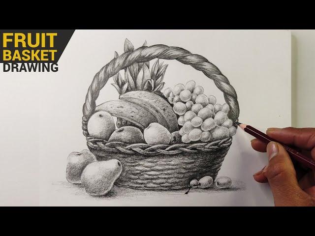 Fruit Basket Drawing Easy with Pencil Shading | Pencil Sketch Drawing Tutorials