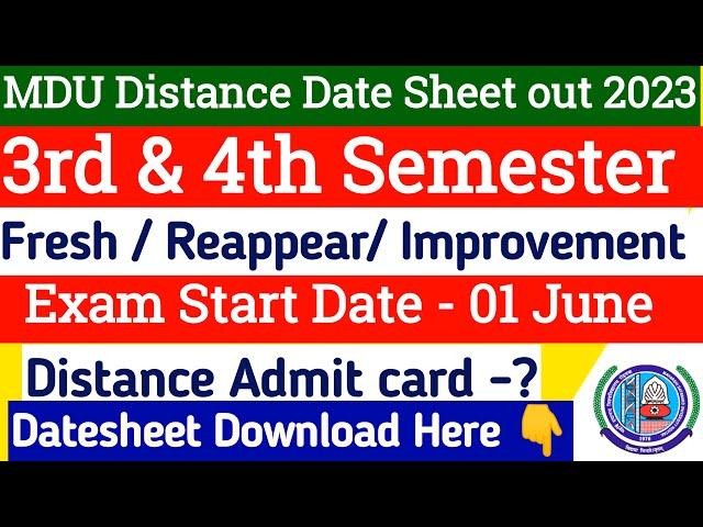 Mdu Distance 4th Semester date sheet 2023 | Mdu distance 3rd semester reappear datesheet out 2023