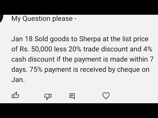 Sold goods to Sherpa Rs. 50,000 20% trade dis & 4% cash dis if the payment is made within 7 days