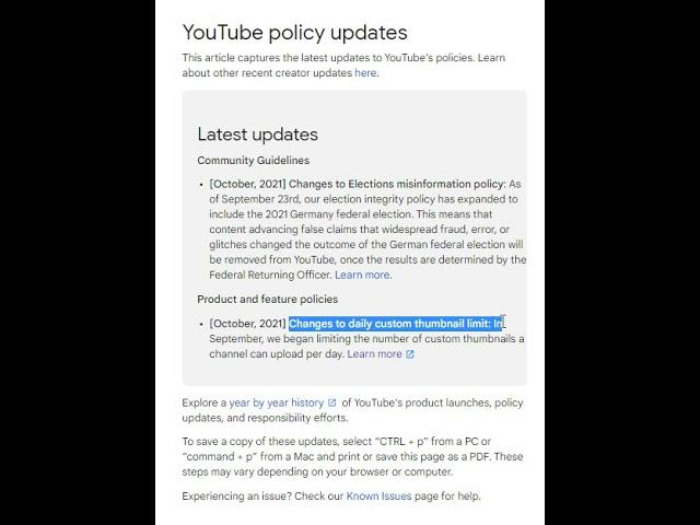 YouTube policy update | Changes to daily custom thumbnail limit | October 2021