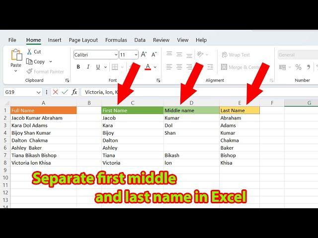 How to separate first name middle name and last name in excel using formula