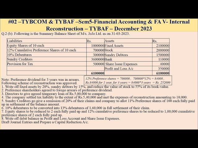 #02-TYBCOM -TYBAF(FA5) -Financial Accounting-Internal Reconstruction–TYBAF –December 2023 - JOJO Ltd