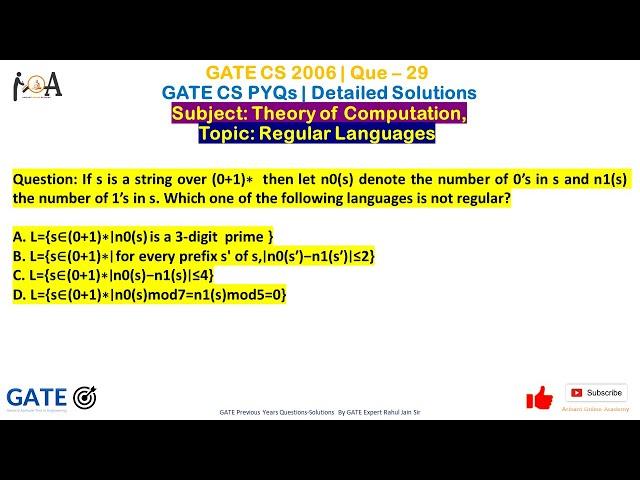 GATE CS 2006, Que 29, GATE CS PYQs, GATE CS Solutions, TOC, Regular Languages