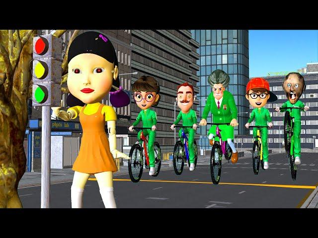 Scary Teacher 3D vs Squid Game Who is Faster? Bike Racing and Traffic Lights in Squid Game Season 2