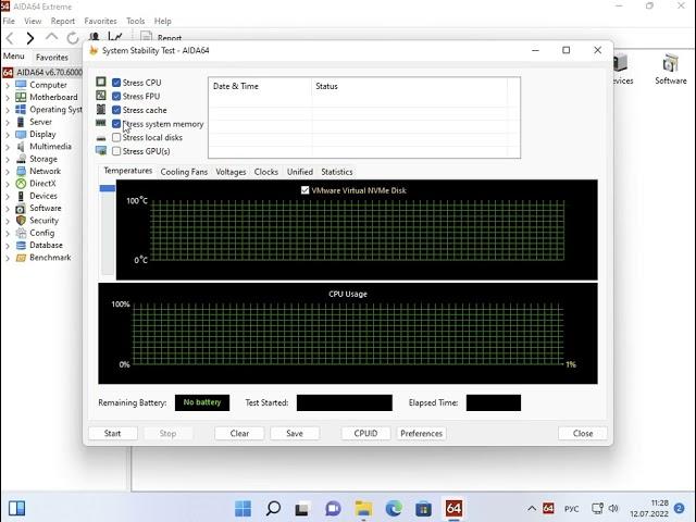 Запуск стресс-теста температуры компьютера в AIDA64