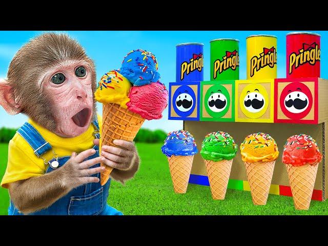 KiKi Monkey explore Four Colors Ice Cream Machine by Four Elements Challenges | KUDO ANIMAL KIKI