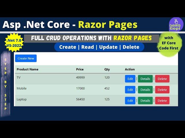 ASP.NET Core Razor Pages Full CRUD - .NET 7.0 Razor Pages using Entity Framework Core and SQL Server