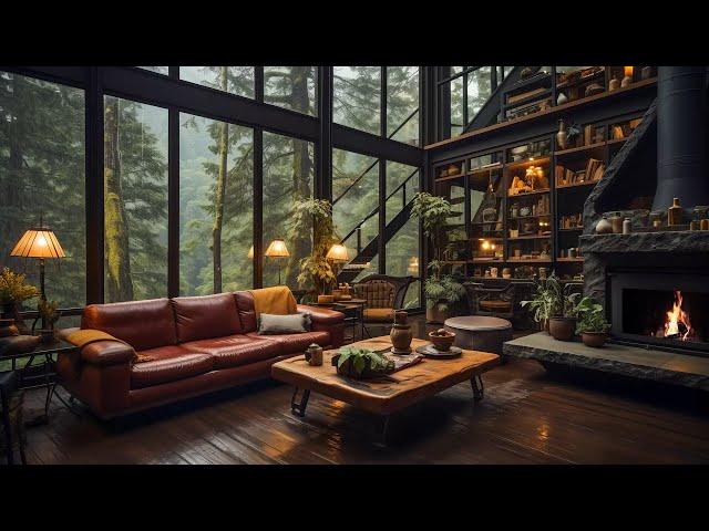 Relaxing Jazz Instrumental Music For Stress Relief - Cozy Living Room Inside Forest on Rainy Day ️