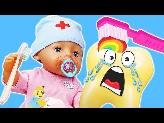 Baby doll needs help! Baby Born doll health routine. Kids play with dolls & doll videos for kids.