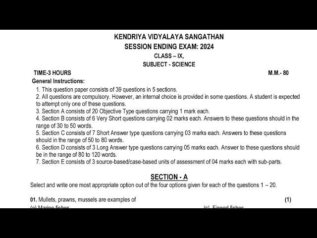 CLASS-9 SCIENCE / SEE 2024 / Annual Exam Question Paper / TERM-2/ KV CBSE / Kendriya Vidyalaya