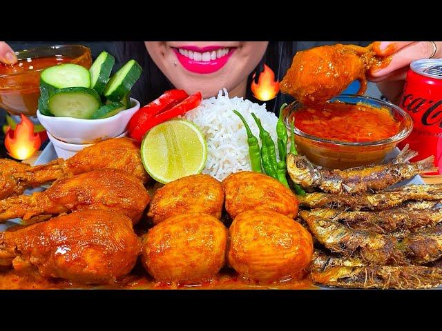 ASMR MASALA FISH FRY, SPICY CHICKEN CURRY, EGG CURRY, CHILI, RICE MASSIVE Eating Sounds