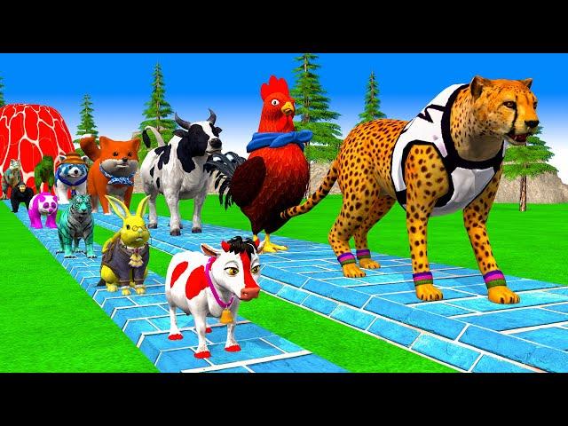 Paint & Animals Cow,Duck,Chicken,Panther,Dinosaur Fountain Crossing Transformation Animal Cartoon