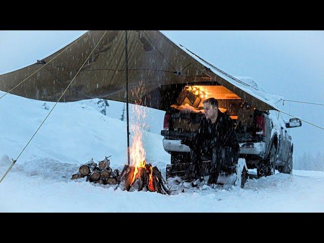 Winter Truck Camping in a Snowstorm | Camping ASMR | Sounds of Nature and Camping