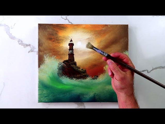 Step by step acrylic painting demonstration: Lighthouse and Ocean Waves at Sunset