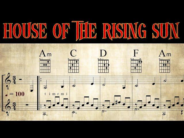 HOUSE OF THE RISING SUN | TAB & Sheet music | Tutorial for 1-2 Guitars | Instrumental