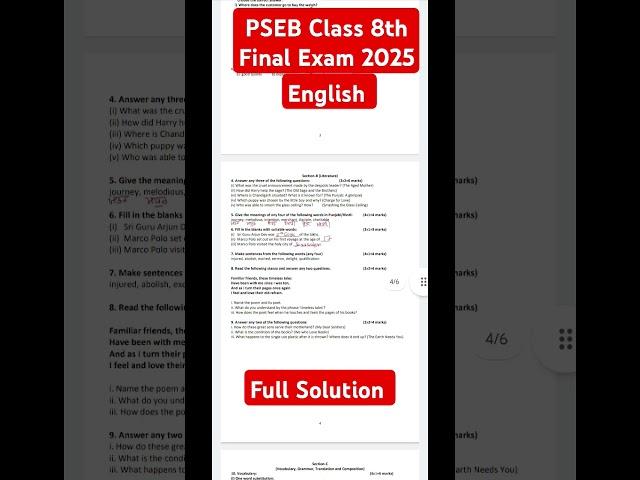 PSEB Class 8 th English Final Exam 2025 sample paper full Solution