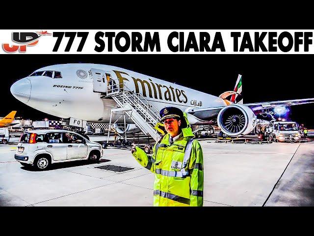 EMIRATES Boeing 777 Takeoff during Storm Ciara - 90km/h windgusts at Frankfurt