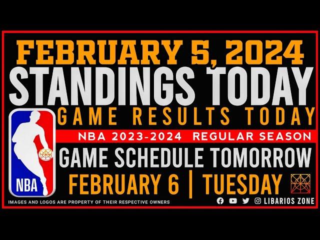 NBA STANDINGS TODAY as of FEBRUARY 5, 2024 |  GAME RESULTS TODAY | GAMES TOMORROW | FEB. 6 | TUESDAY