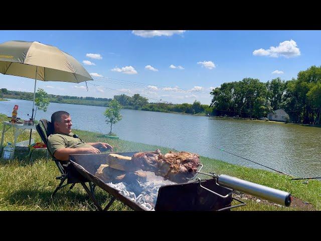 Fishing / Juicy Barbecue / Delicious lunch in the fresh air. Meat on a spit / ASMR / Lamb recipe