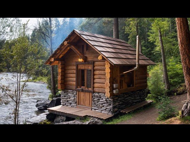 Construction of an Amazing House from Logs in the Rain. Start to Finish