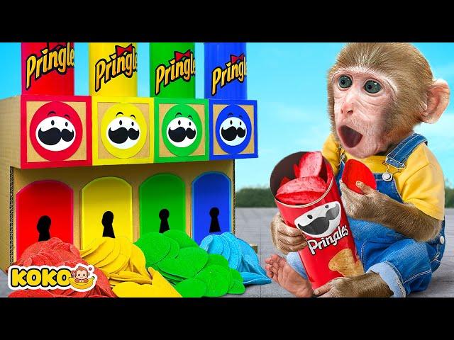 Monkey Koko Eat Rainbow Candy And Has Trouble With A Pringles Potato Chips Machine|KUDO KOKO CHANNEL