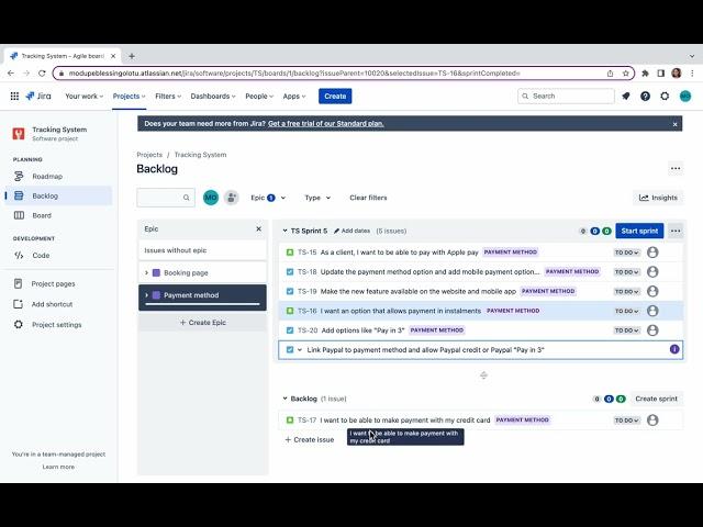 Managing User stories with Epic, creating child issues and liking issues in Scrum using Jira