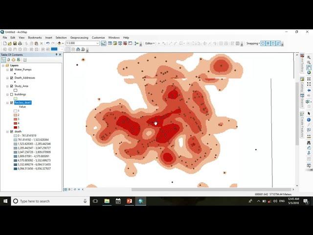 Kernel density map using John Snow's Cholera Data in ArcGIS