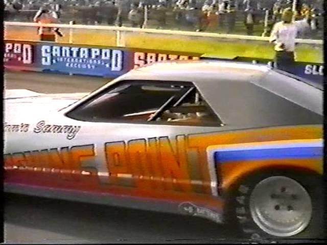 Sammy Miller blows out the windows of the control tower at Santa Pod in 1982