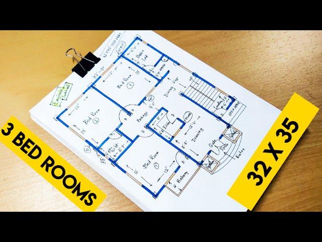 32 x 35 house plan design II 32 x 35 ghar ka naksha with 3 room II 3 bhk house plan design