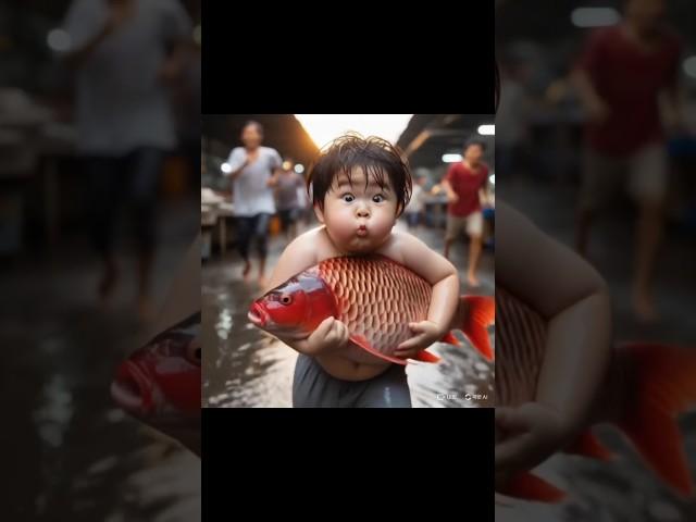 The little cute boy is running away with the big fish# #shortvideo #cute #baby