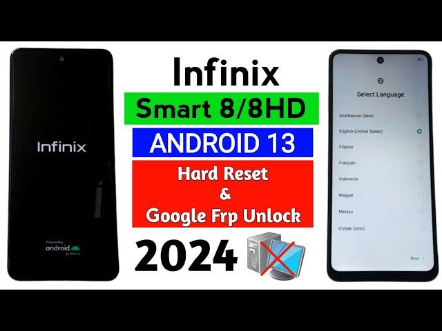 Infinix Smart 8/8HD Hard reset & Frp Bypass Android 13 (Without Computer)