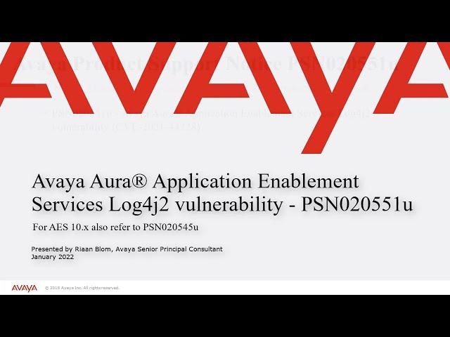 How to apply PSN020551u Log4j2 vulnerability fix on Avaya Aura Application Enablement Services