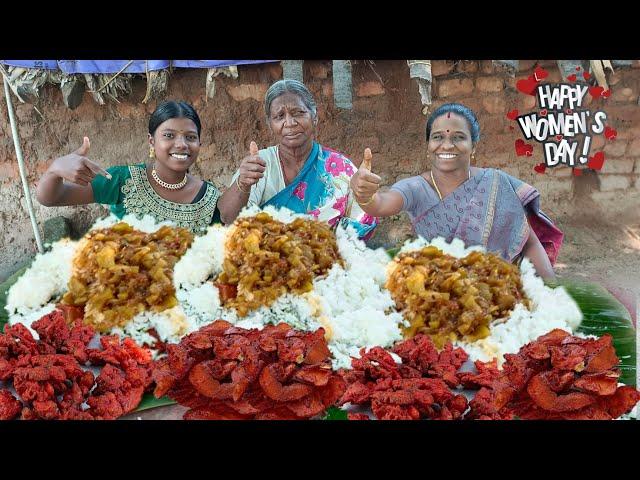 Women's Day special bottle gourd&dry prawns gravy and gobi 65, elephant yam fry with white rice