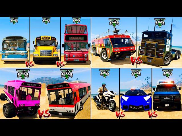 Monster Bus vs Police Truck vs Double Bus vs Fire Truck - GTA 5 Trucks Which is better?